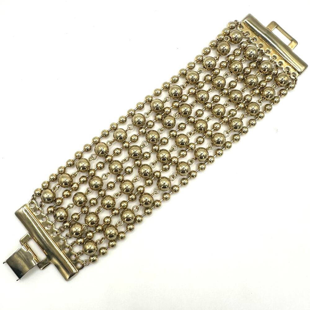 Vintage gold tone chunky 9 strand beaded metal ball chains statement bracelet